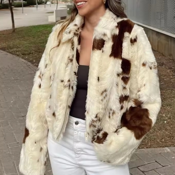 Jackets & Blazers - Women Casual Faux Fur Lapel Jacket Fashion Cow Print Autumn Winter